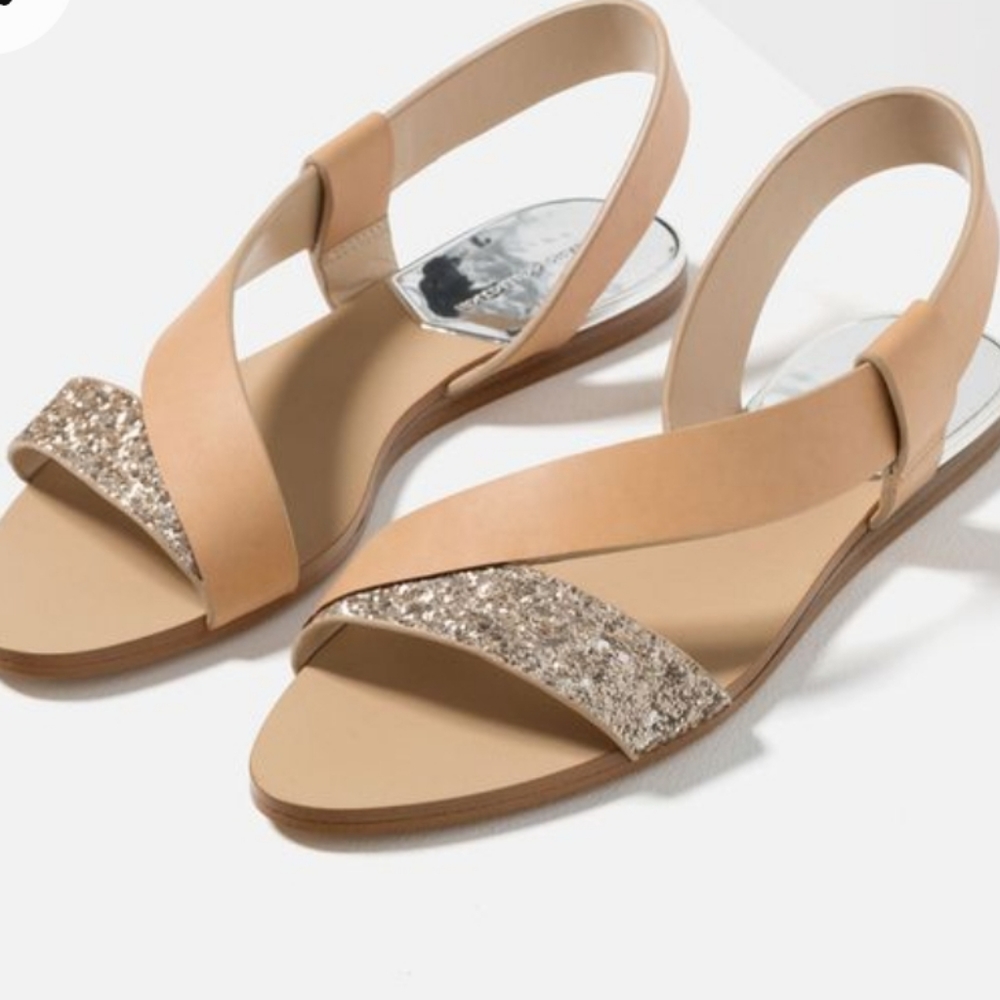 Zara Women's Sparkle Glitter Strappy Flats Sandals Basic Collection Casual sz 8